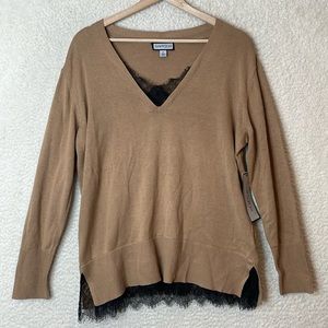 NWT Sam and Jess Womens Black Lace V-neck Sweater Stretch Long Sleeve MEDIUM